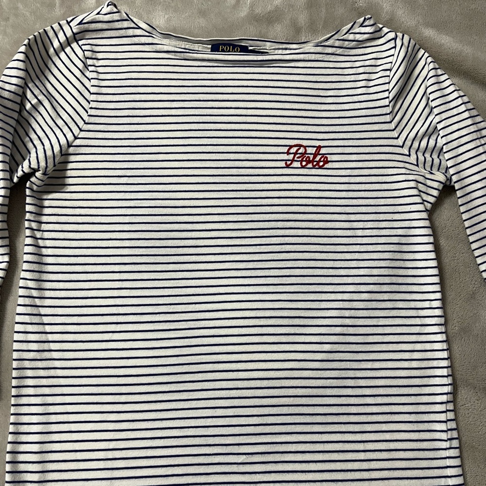 Ralph Lauren White and Navy Striped Tee with Red Polo Script- size small